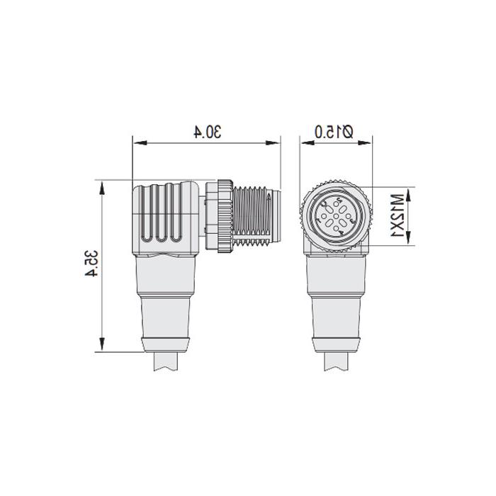 M12 5Pin 、公头90°、引脚5灰色、单端预铸PUR柔性电缆、黑色护套、64S561-XXX